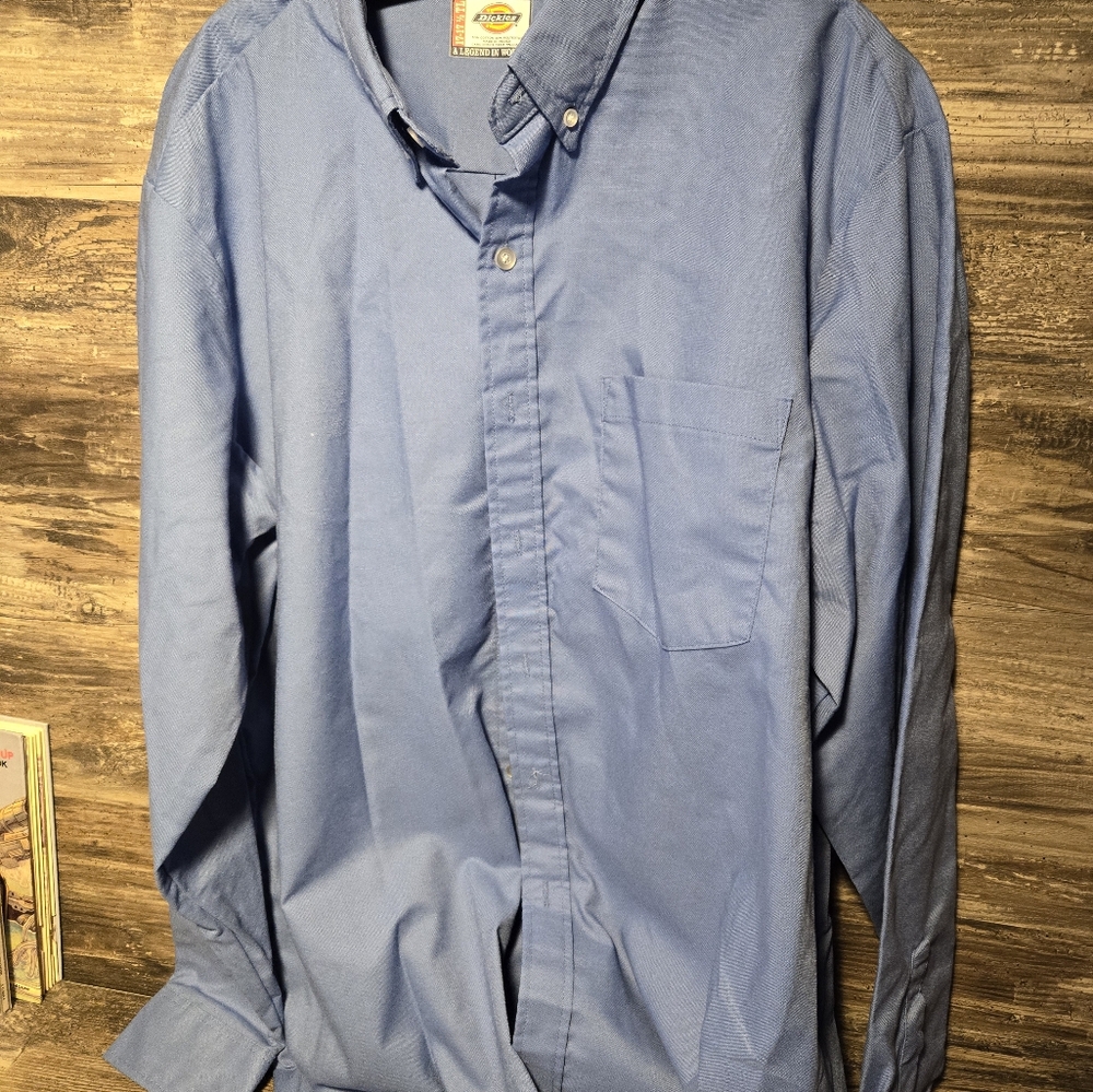 Dickies Oxford Mens Button Down Blue‎ LONG  Sleeve Work Shirt Size 17-17.5 -TL